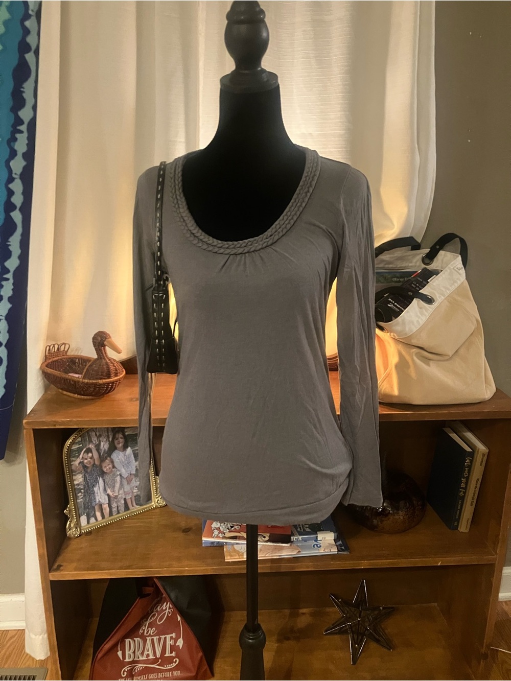 Women's Braided Scoop Neck Long Sleeve Top - Gray vintage